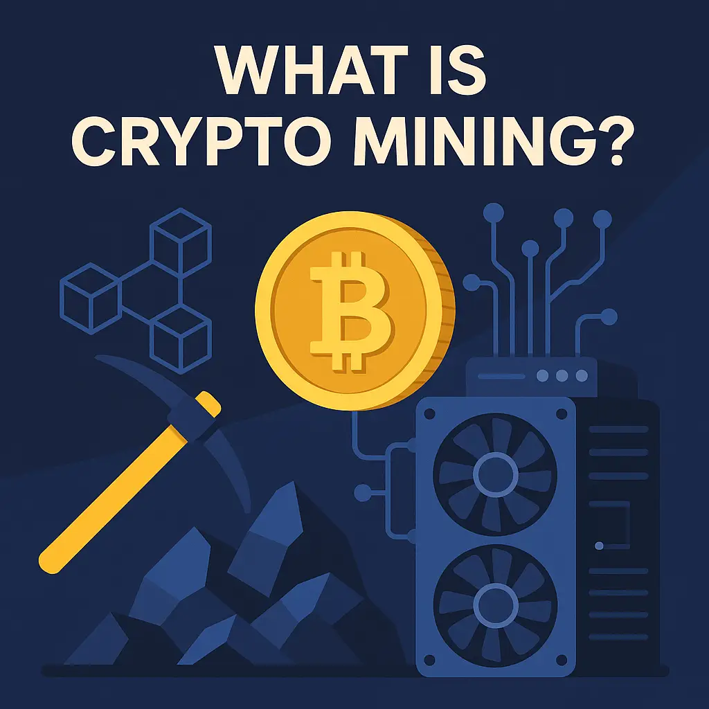 A digital infographic illustrating the concept of crypto mining with a large Bitcoin coin, a pickaxe, mining rig, and blockchain elements on a dark blue background.