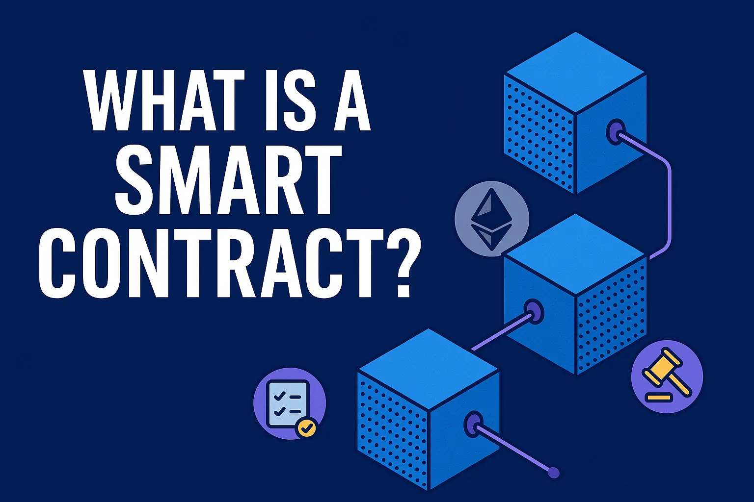 Illustration explaining what a smart contract is with blockchain blocks, Ethereum logo, contract checklist, and legal icon