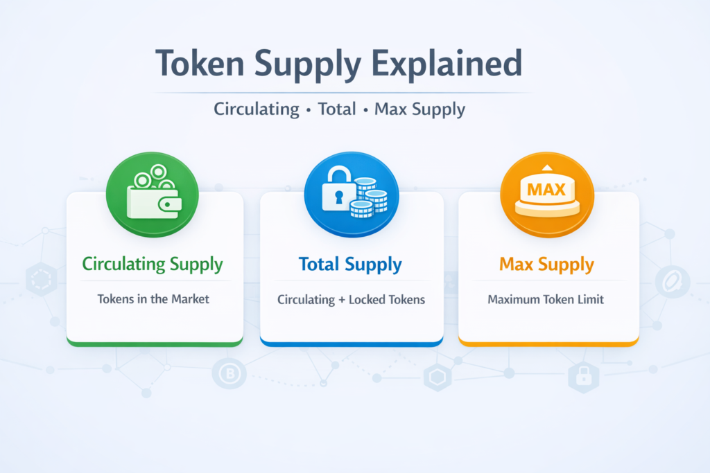 Infographic explaining token supply in cryptocurrency with three sections showing circulating supply, total supply explained, and maximum supply. 